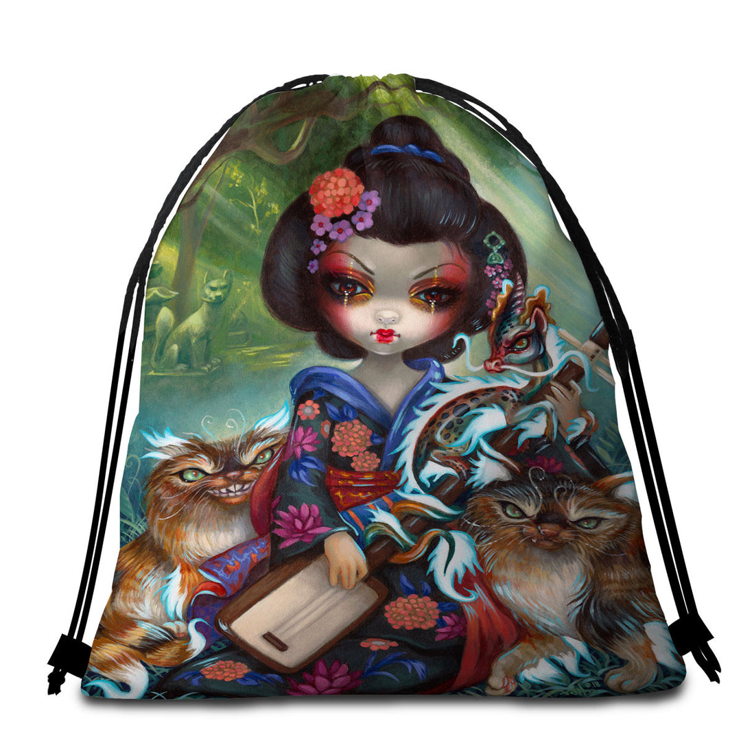 Japanese Lightweight Beach Towel Fantasy Art Geisha Girl Kirin and Bakeneko