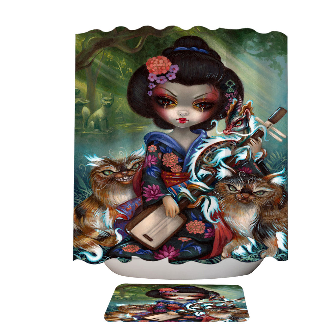 Japanese Shower Curtain Fantasy Art Geisha Girl Kirin and Bakeneko