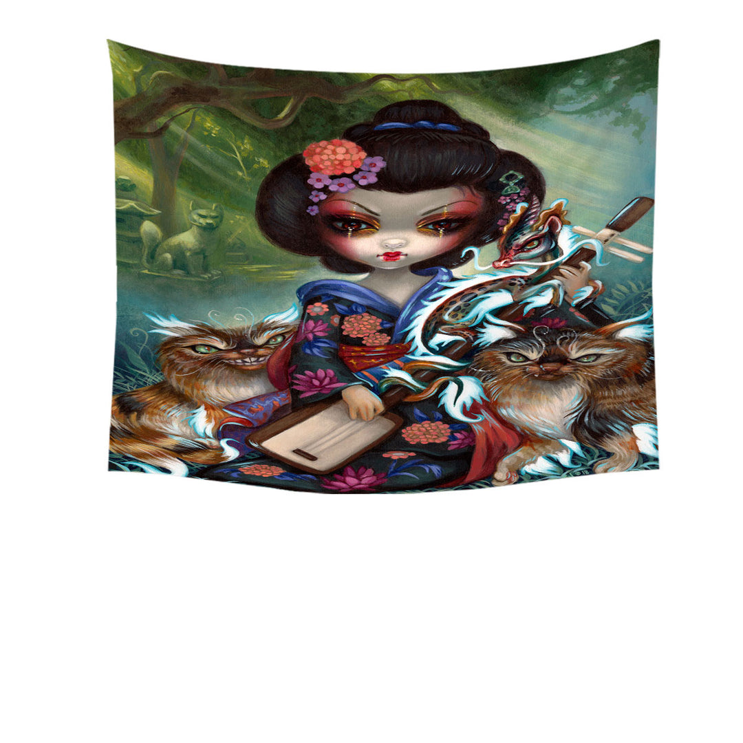 Japanese Tapestry Wall Decor Fantasy Art Geisha Girl Kirin and Bakeneko