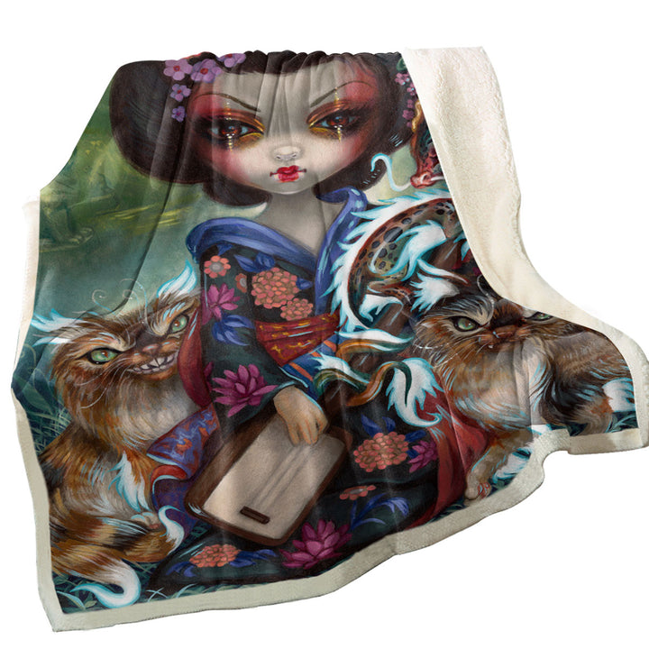 Japanese Throw Blanket Fantasy Art Geisha Girl Kirin and Bakeneko