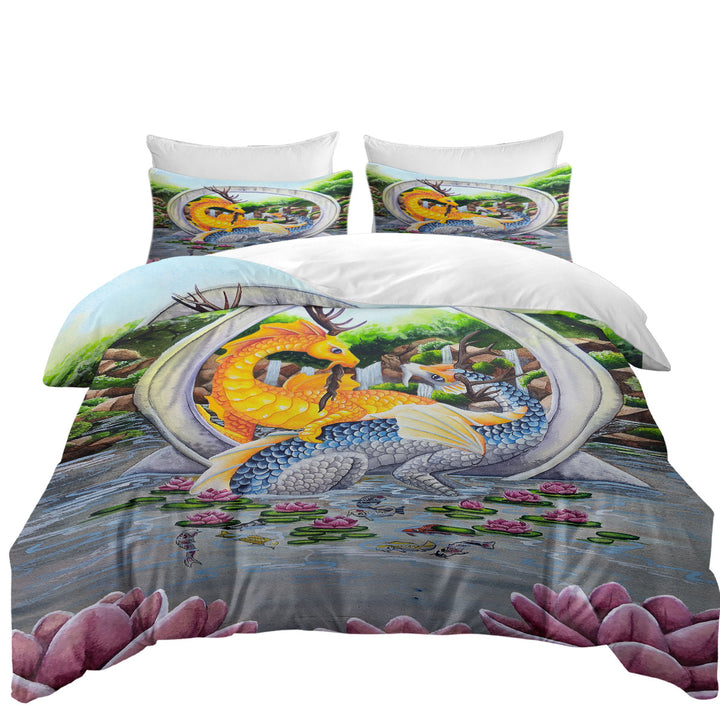 Japanese Water Lilies Garden Unity Koi Dragons Duvet Cover