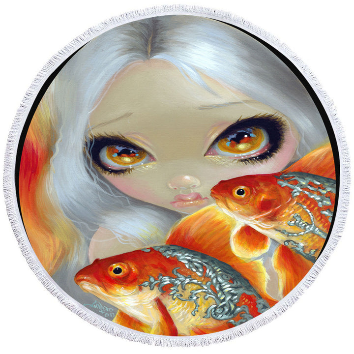 Jeweled Fish Silver and Gold Mermaid Art Round Beach Towel