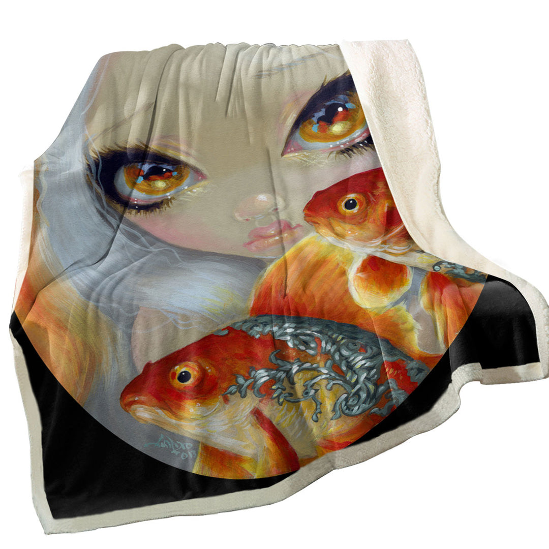 Jeweled Fish Silver and Gold Mermaid Art Sherpa Blanket