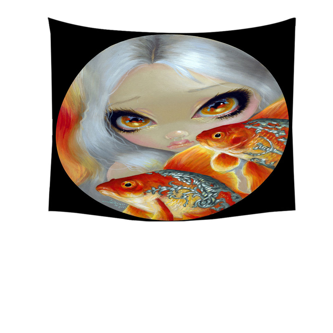 Jeweled Fish Silver and Gold Mermaid Art Tapestry Wall Hanging