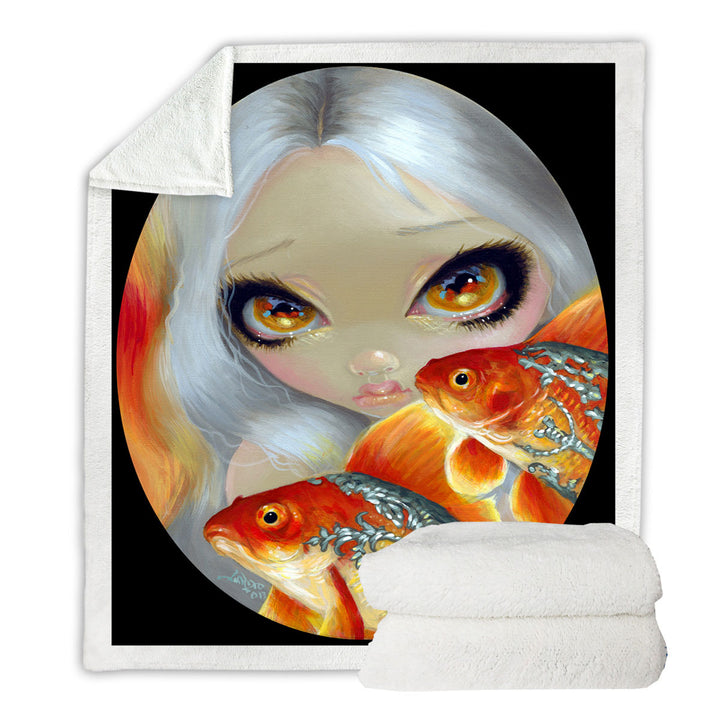 Jeweled Fish Silver and Gold Mermaid Art Throw Blanket