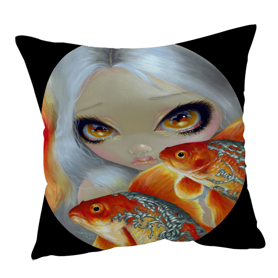 Jeweled Fish Silver and Gold Mermaid Art Throw Pillow