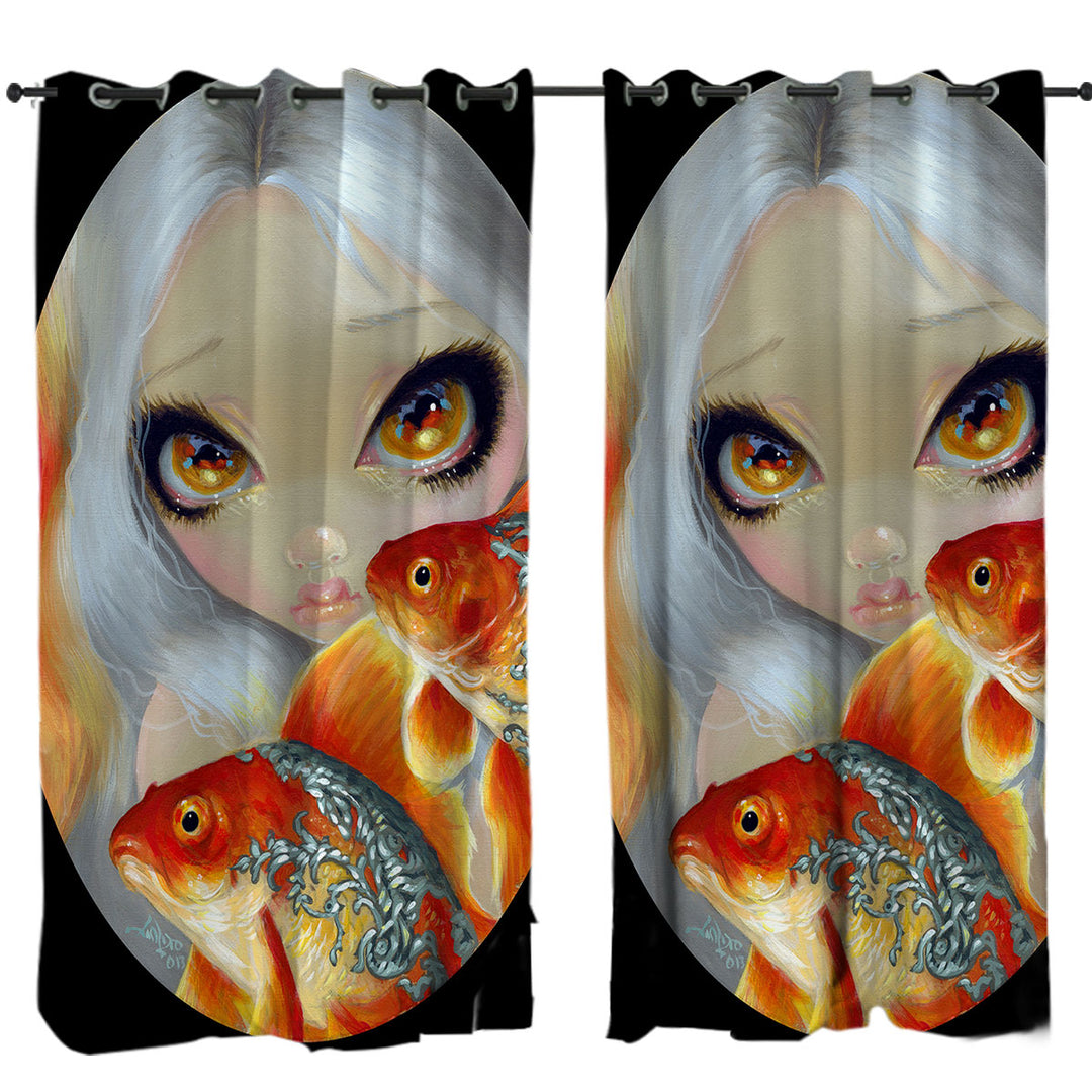 Jeweled Fish Silver and Gold Mermaid Art Window Curtains