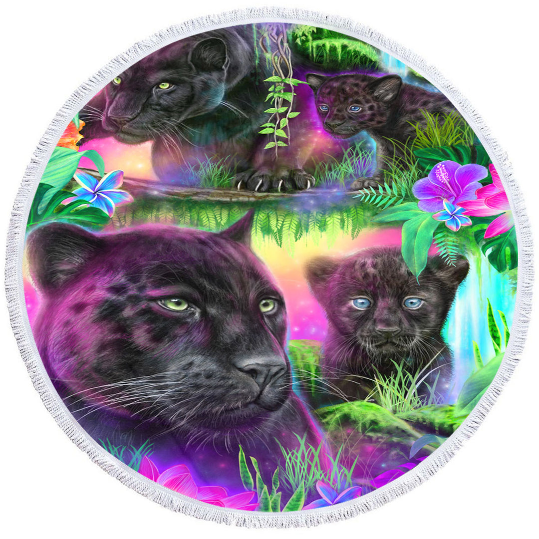 Jungle Themed Circle Beach Towel Animal Painting Daydream Panthers