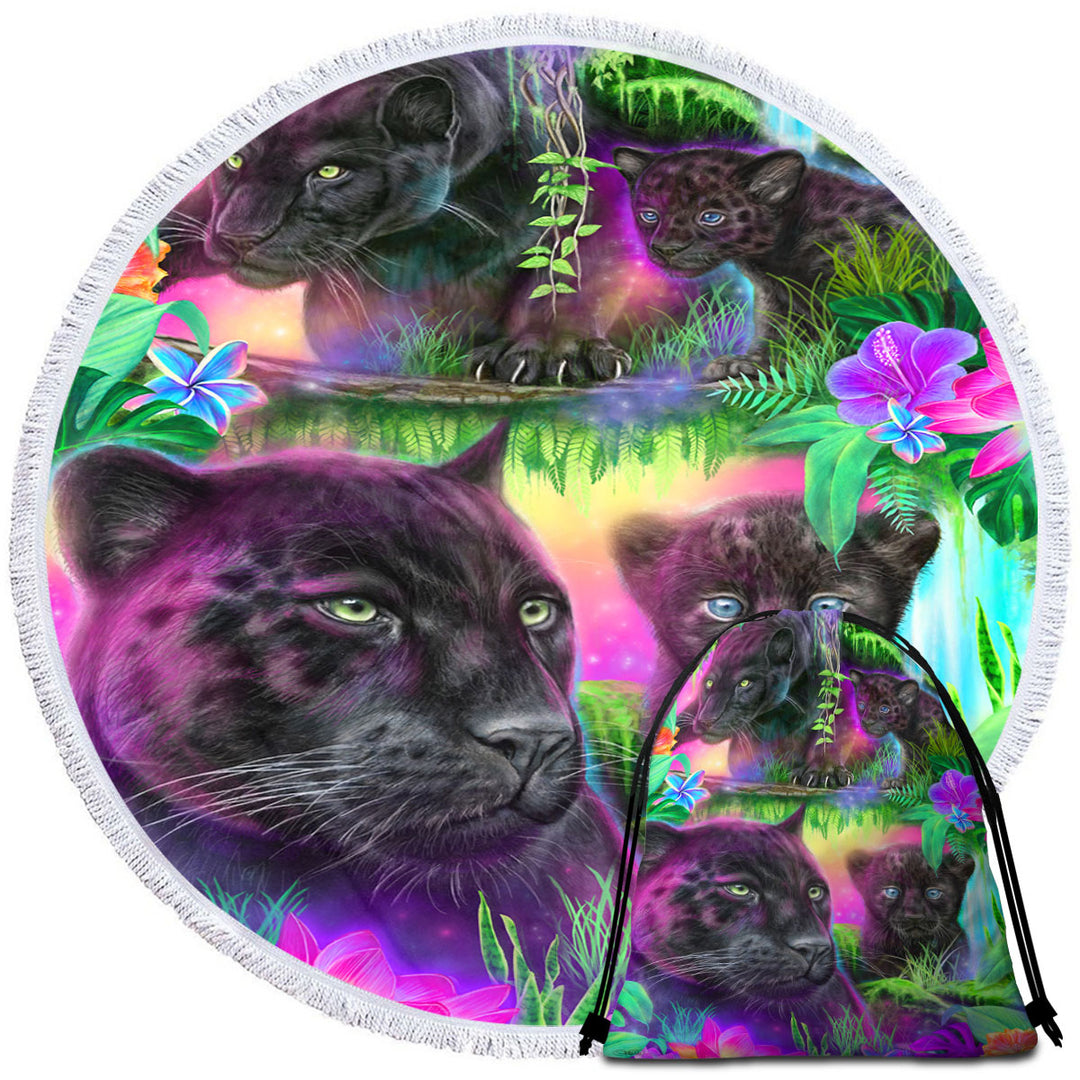 Jungle Themed Round Beach Towel Animal Painting Daydream Panthers