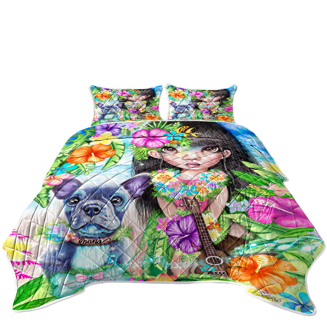 Kids Art Hawaiian Girl and her Dog Quilt