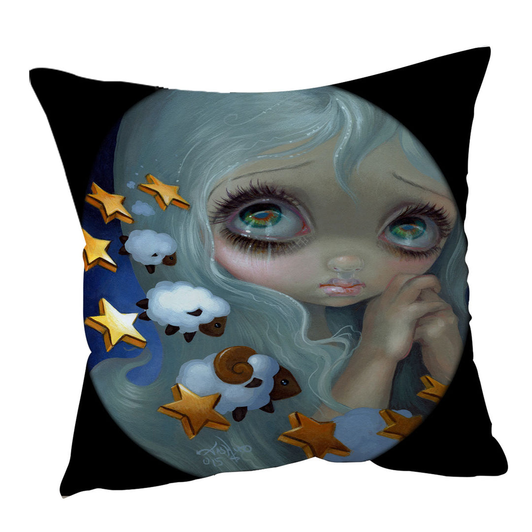 Kids Art Sleepy Night Girl Counting Sheep Cushion Cover