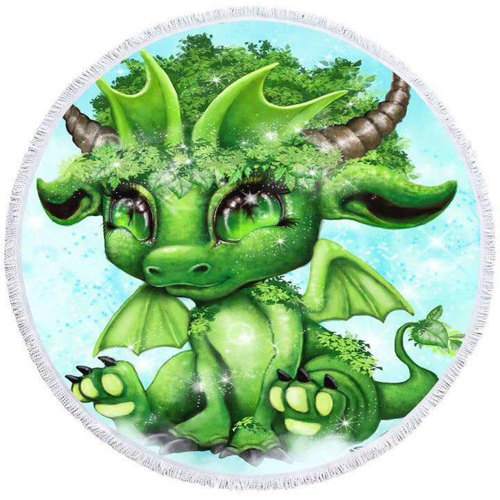 Kids Beach Towel Cute Fantasy Creature Green Leaf Lil Dragon