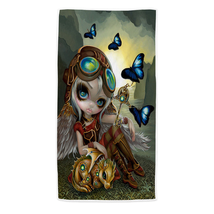 Kids Beach Towels Cute Fantasy Art Angel and Clockwork Dragonling