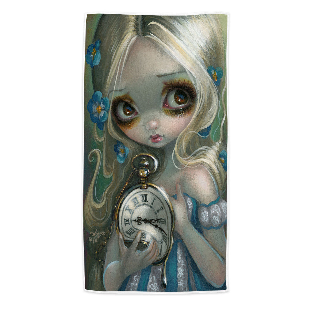 Kids Beach Towels Fantasy Art Keeping Up Alice Holding a Clock