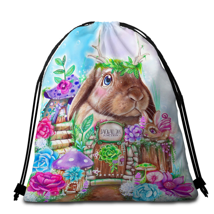 Kids Beach Towels and Bags Set Art Adorable Jackalope Rabbit