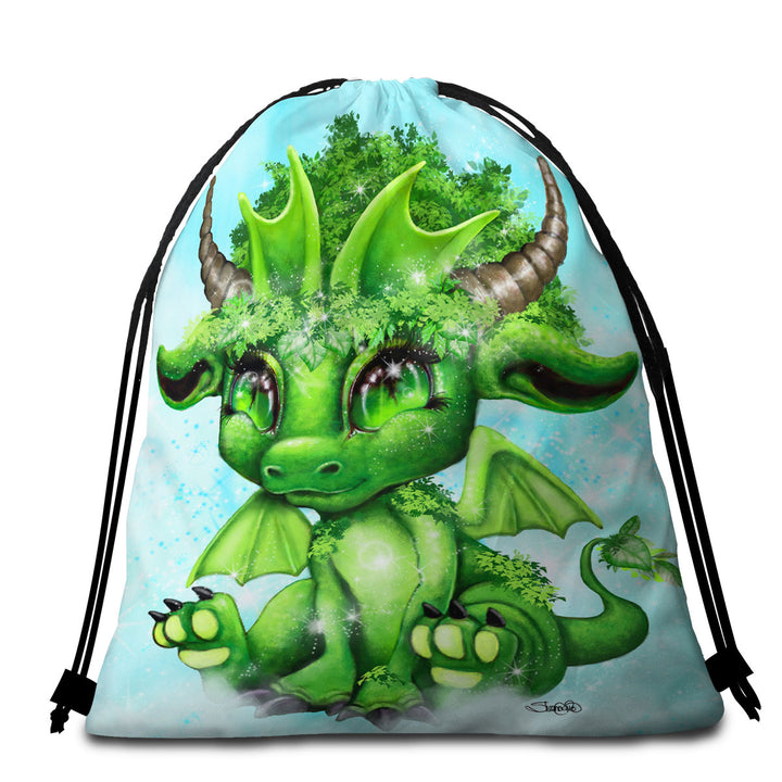 Kids Beach Towels and Bags Set Cute Fantasy Creature Green Leaf Lil Dragon