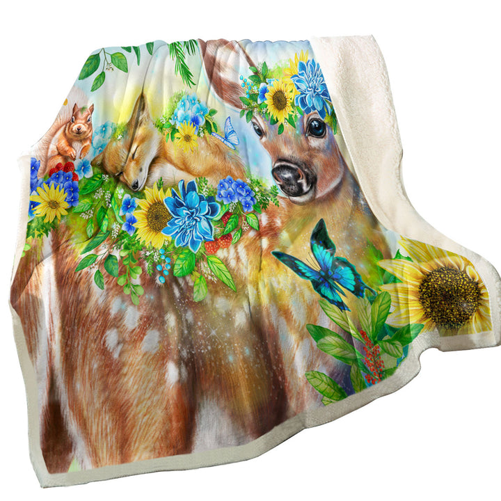 Kids Blankets Forest Fawn Deer and Fox Squirrel Friends