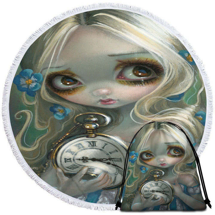 Kids Circle Beach Towel Fantasy Art Keeping Up Alice Holding a Clock