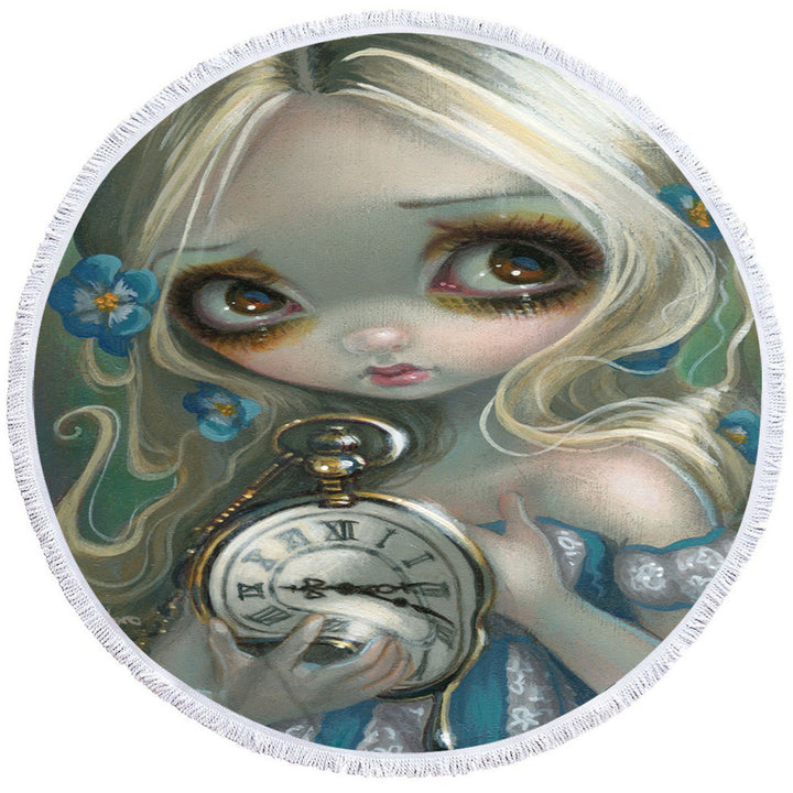 Kids Circle Towel Fantasy Art Keeping Up Alice Holding a Clock