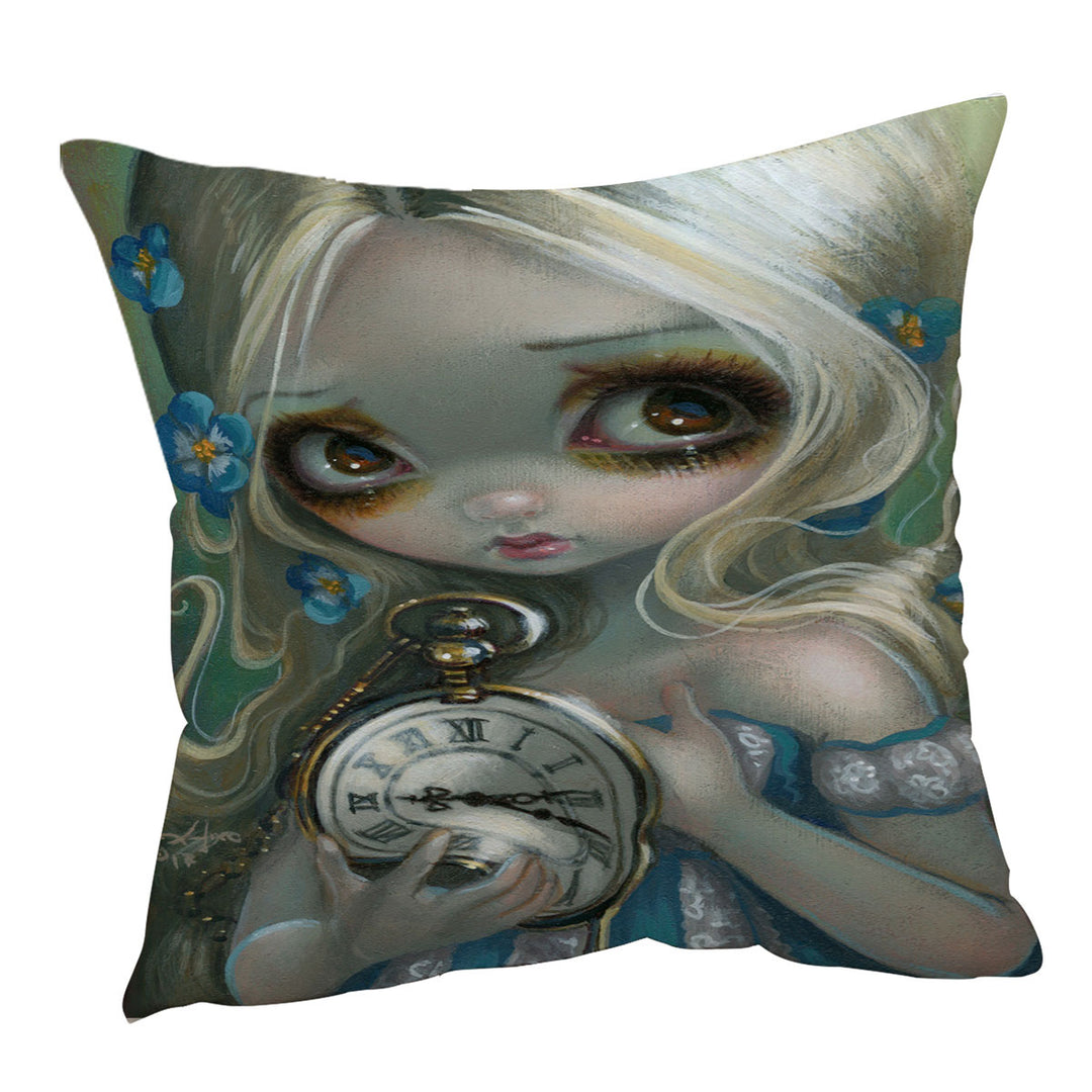 Kids Cushions Fantasy Art Keeping Up Alice Holding a Clock