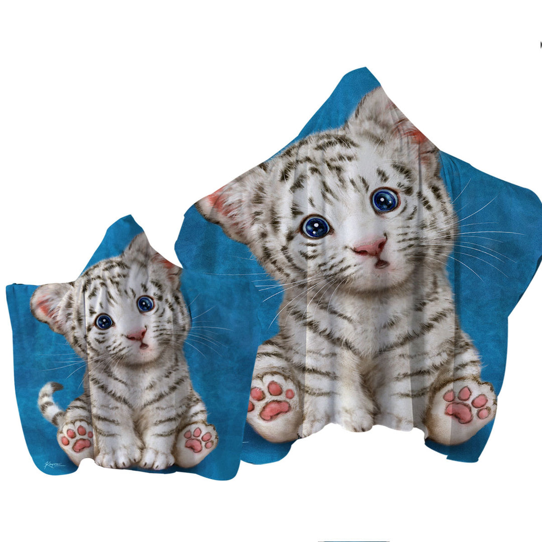 Kids Design Baby Blue Eyes White Tiger Cub Hooded Beach Towel