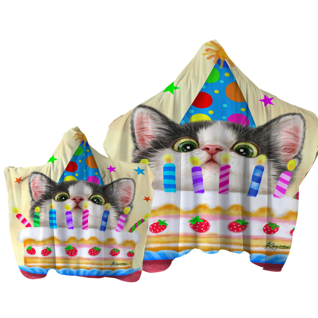 Kids Designs Cute Birthday Cake Kitten Cat Hooded Beach Towel