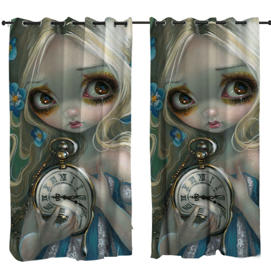 Kids Fantasy Art Keeping Up Alice Holding a Clock Drapes for Living Room