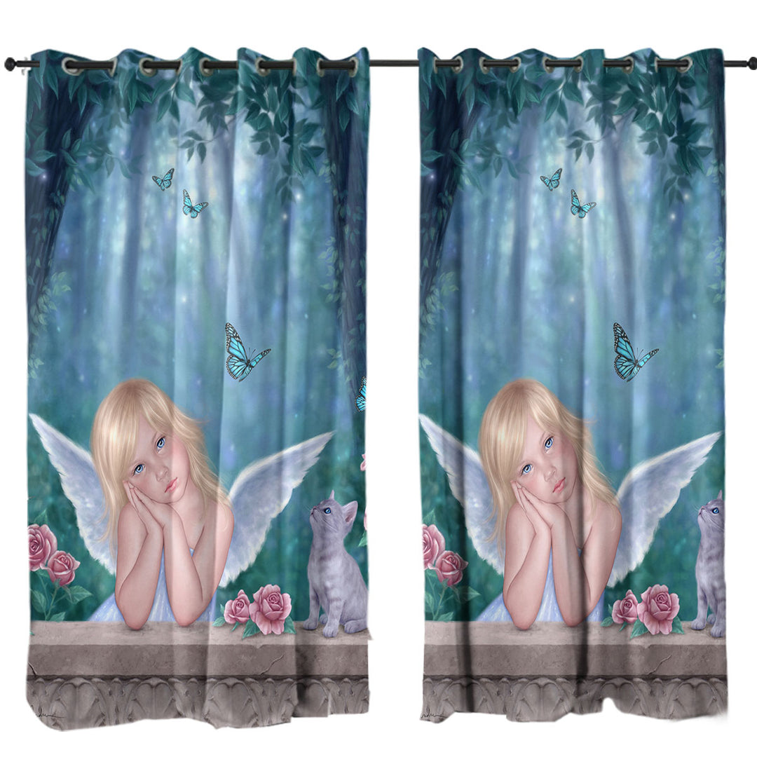 Kids Fantasy Art Little Miracles Cat and Cute Little Fairy Window Curtains