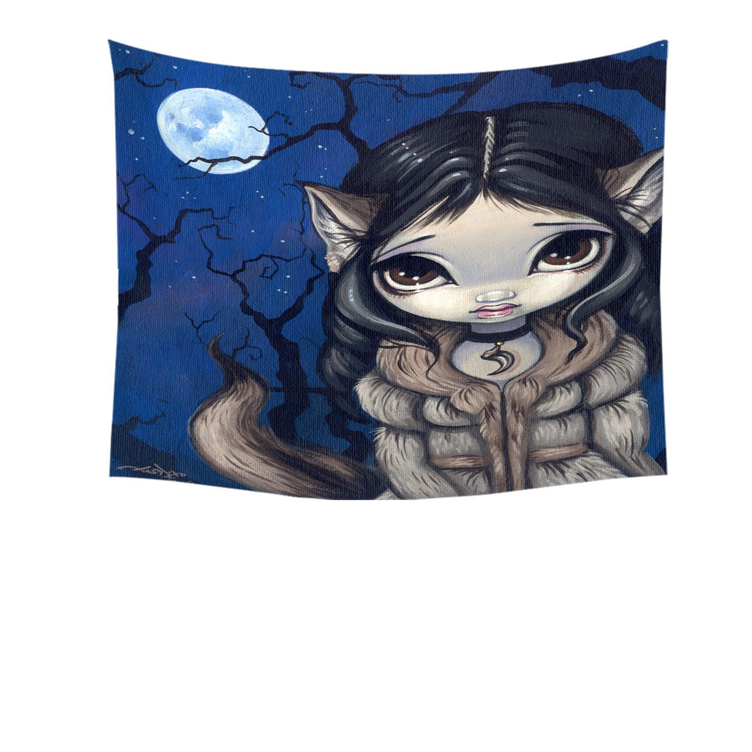 Kids Fantasy the Little Wolf Girl Tapestry