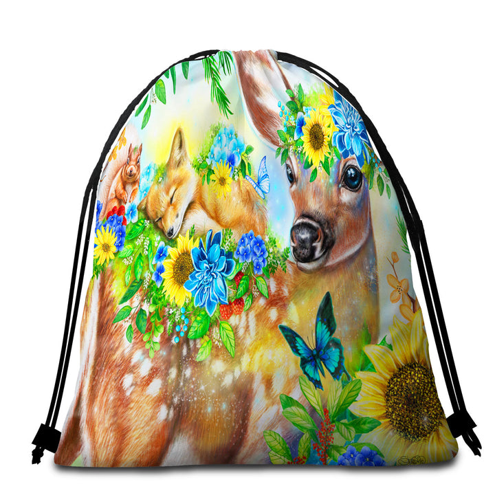 Kids Packable Beach Towel Forest Fawn Deer and Fox Squirrel Friends