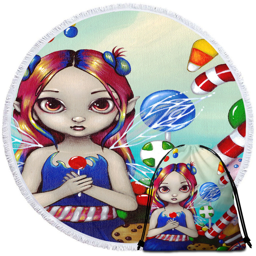 Kids Round Beach Towel Candy Loving Fairy with a Sweet Tooth