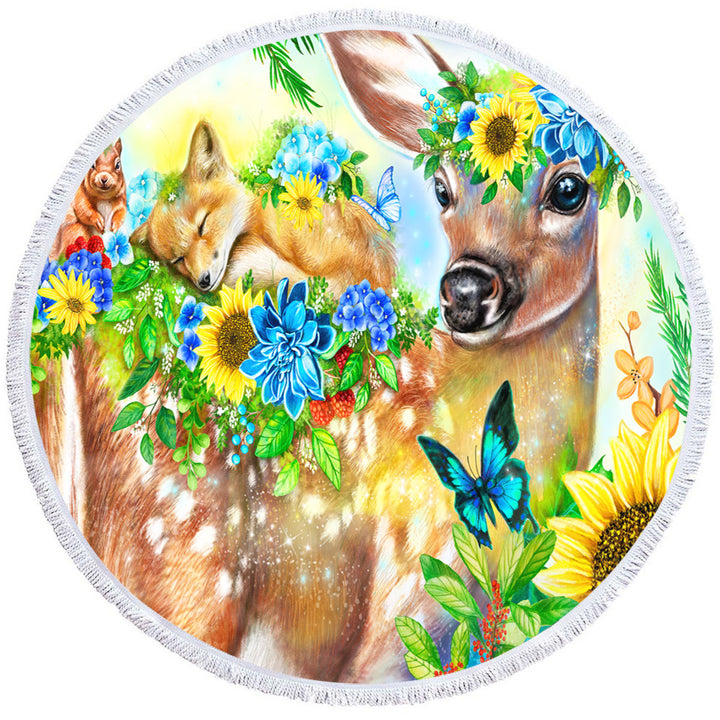 Kids Round Beach Towel Forest Fawn Deer and Fox Squirrel Friends