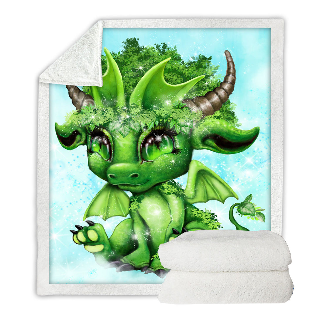 Kids Sherpa Blankets Cute Fantasy Creature Green Leaf Lil Dragon