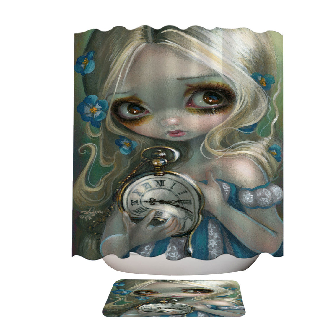 Kids Shower Curtains Fantasy Art Keeping Up Alice Holding a Clock