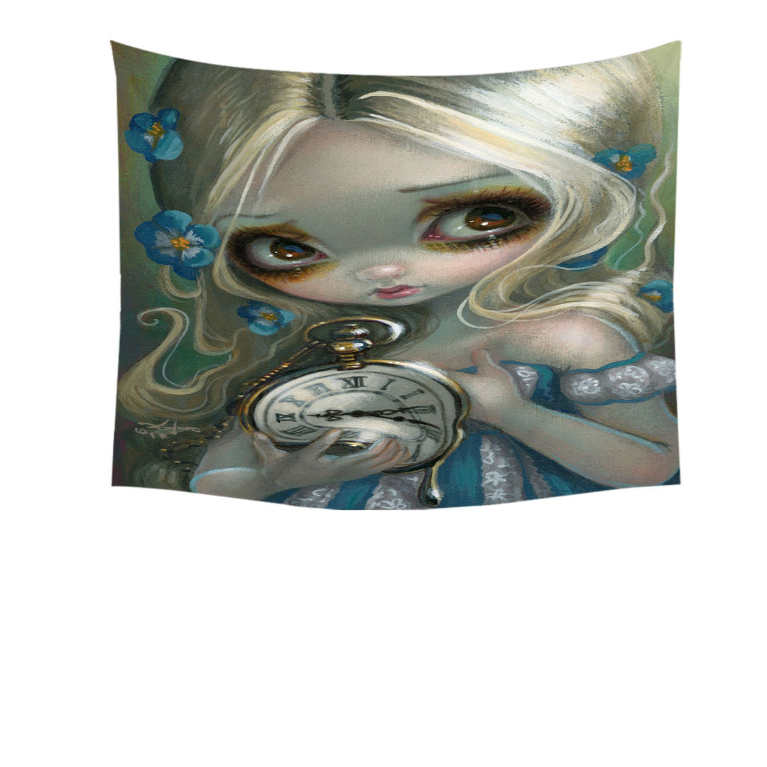 Kids Tapestry Fantasy Art Keeping Up Alice Holding a Clock