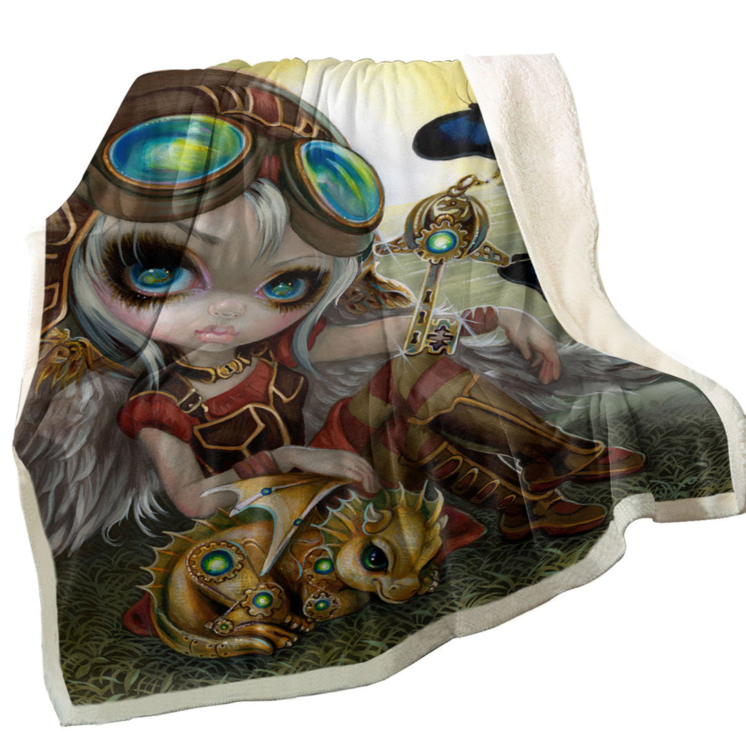 Kids Throw Blankets Cute Fantasy Art Angel and Clockwork Dragonling