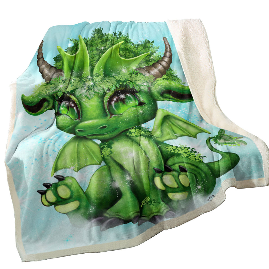 Kids Throw Blankets Cute Fantasy Creature Green Leaf Lil Dragon