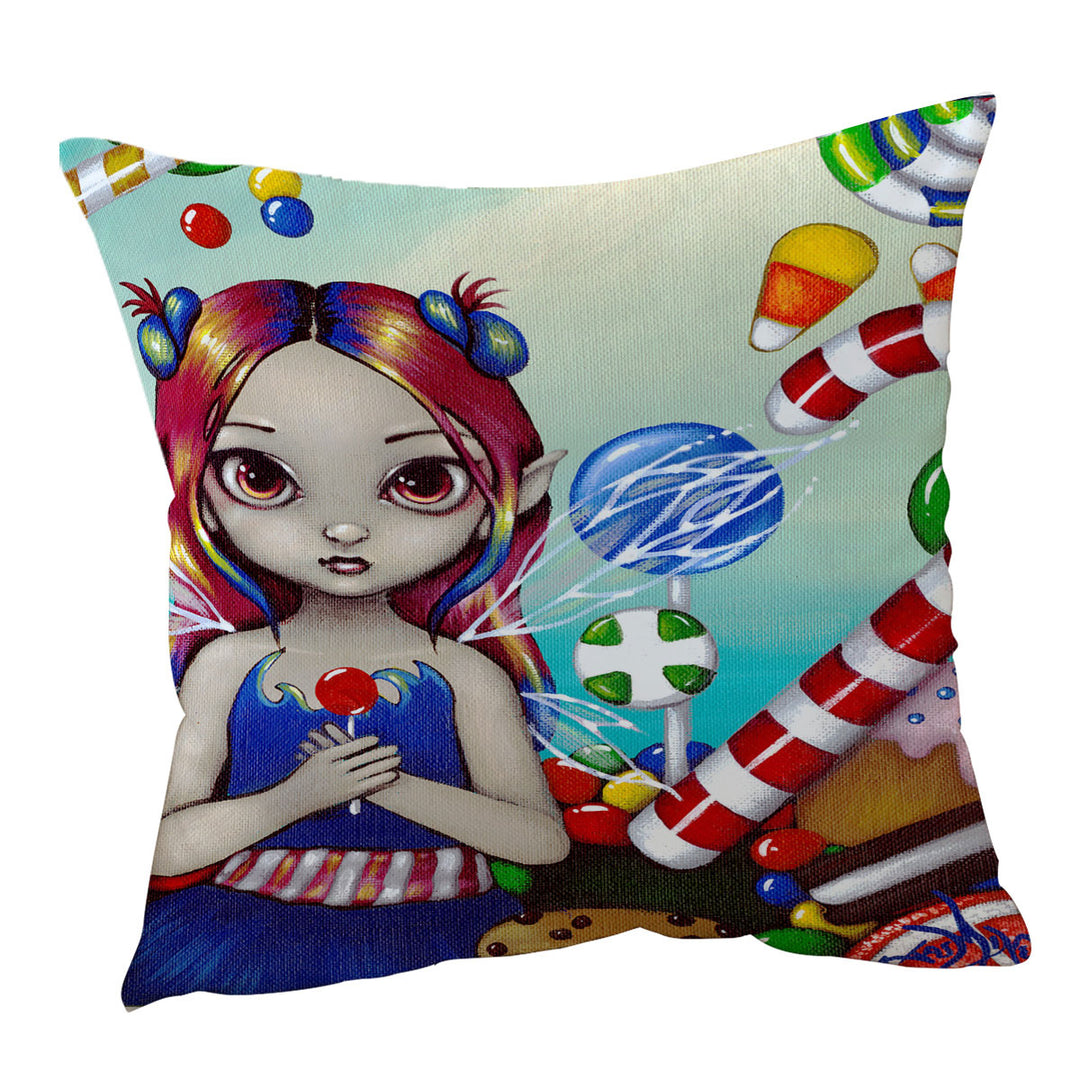 Kids Throw Pillow Candy Loving Fairy with a Sweet Tooth