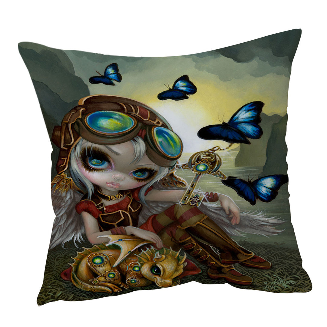 Kids Throw Pillows Cute Fantasy Art Angel and Clockwork Dragonling