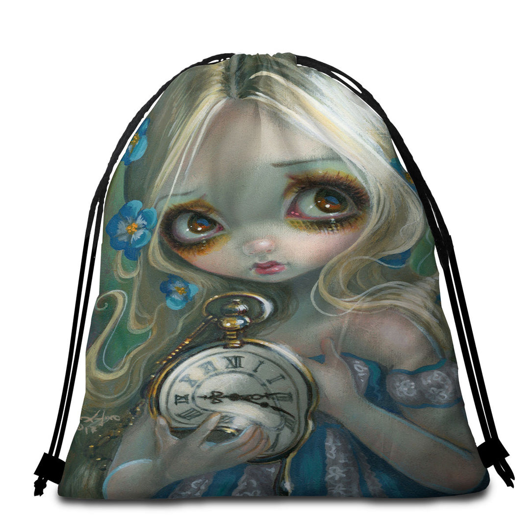 Kids Travel Beach Towel Fantasy Art Keeping Up Alice Holding a Clock