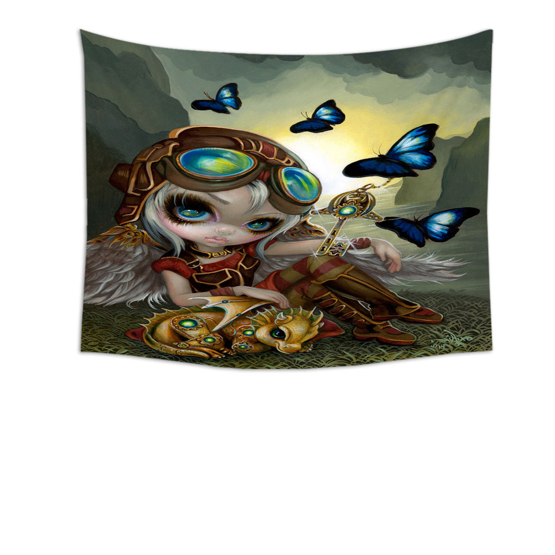 Kids Wall Decor Cute Fantasy Art Angel and Clockwork Dragonling Tapestry