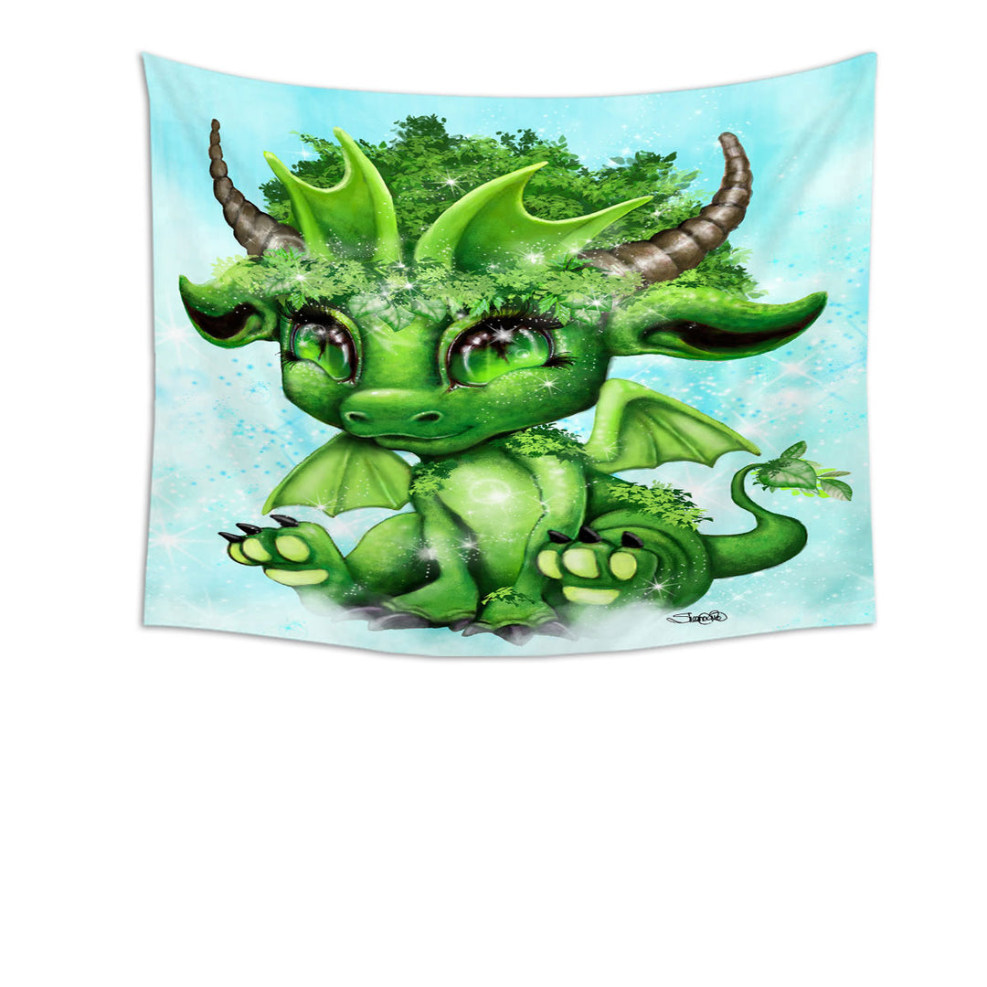 Kids Wall Decor Tapestries Cute Fantasy Creature Green Leaf Lil Dragon