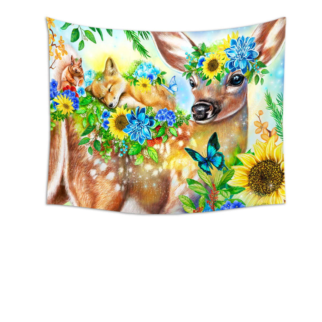 Kids Wall Decor Tapestries Forest Fawn Deer and Fox Squirrel Friends