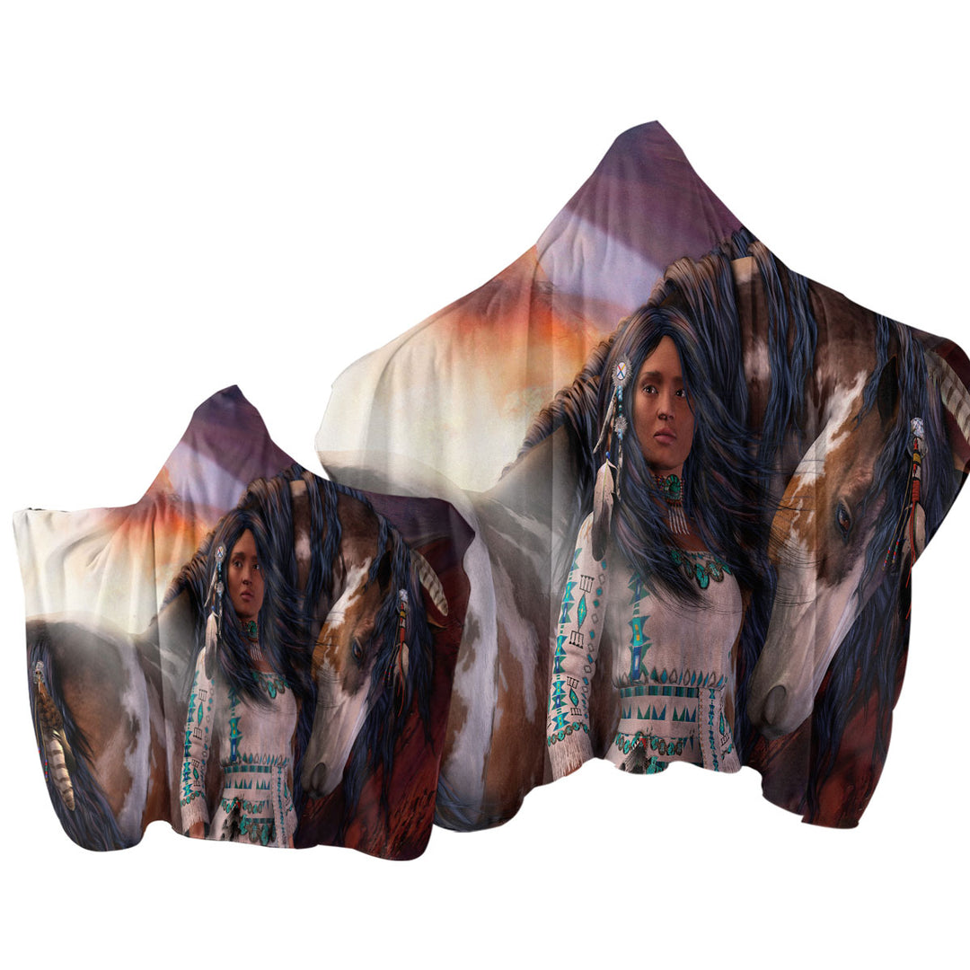 Kindred Spirits Native American Girl and Her Horse Hooded Beach Towel