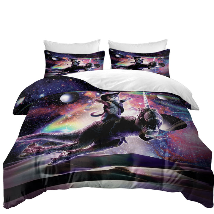 King Duvet Cover set with Cool Cute and Funny Space Cowboy Cat Riding Dinosaur Unicorn