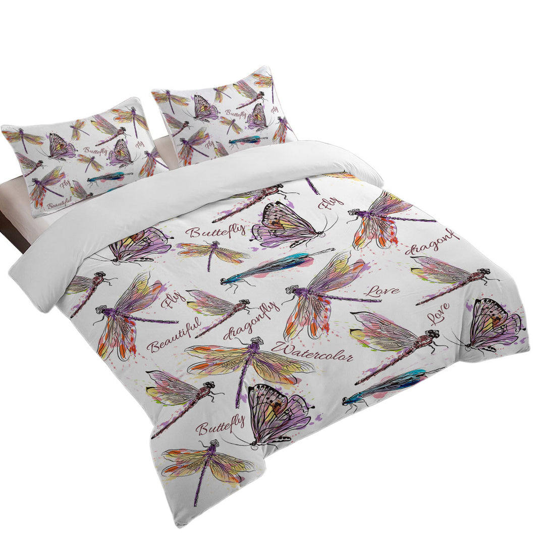 King Duvet Cover set with Drawing of Butterflies and Dragonflies