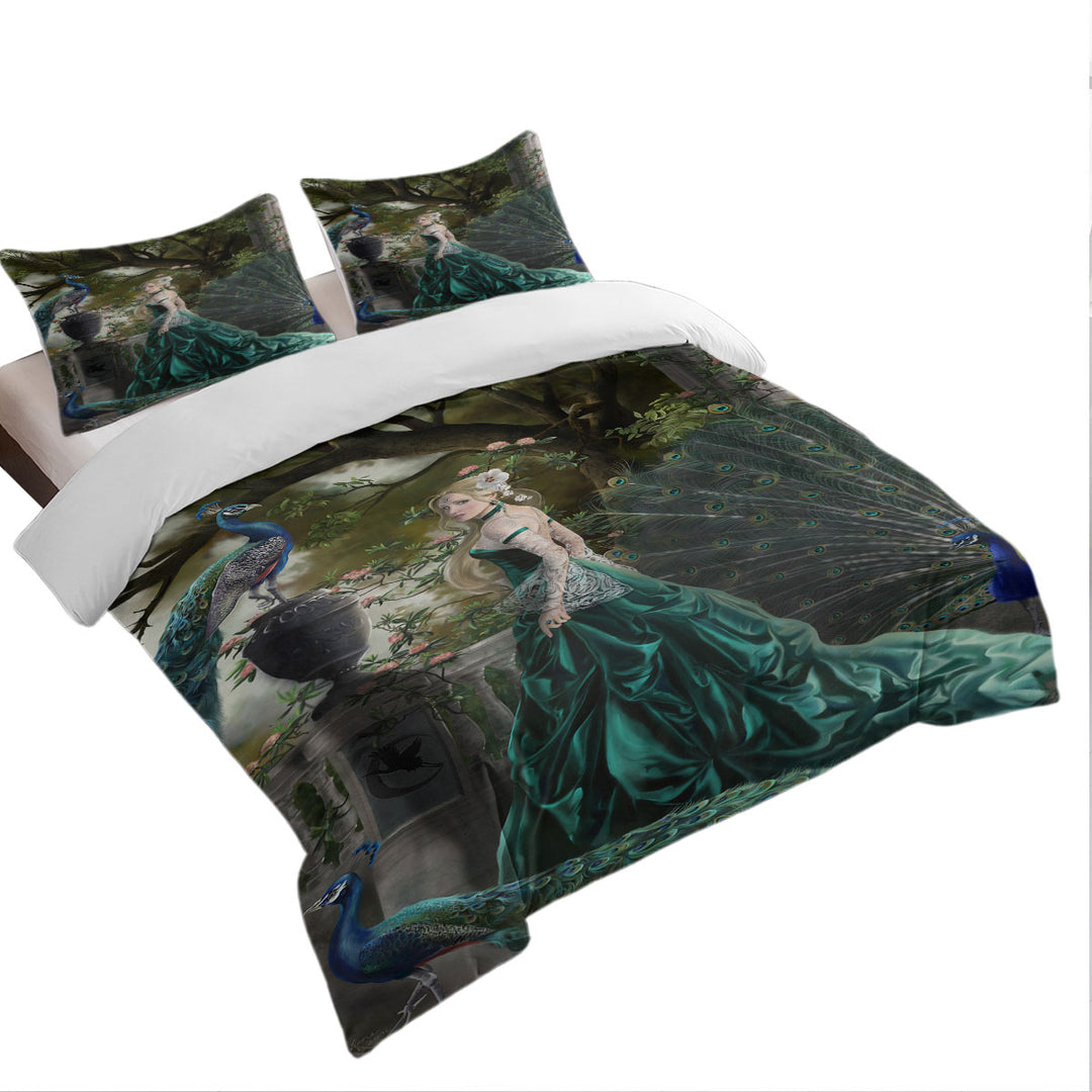 King Duvet Cover set with Emerald Fantasy Peacocks and Princess