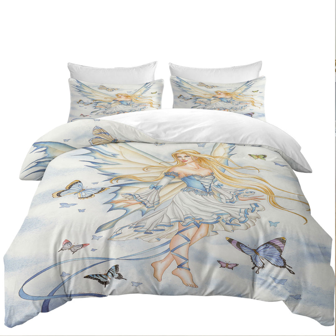 King Duvet Cover set with Fantasy Art Sky Blue Fairy and Butterflies