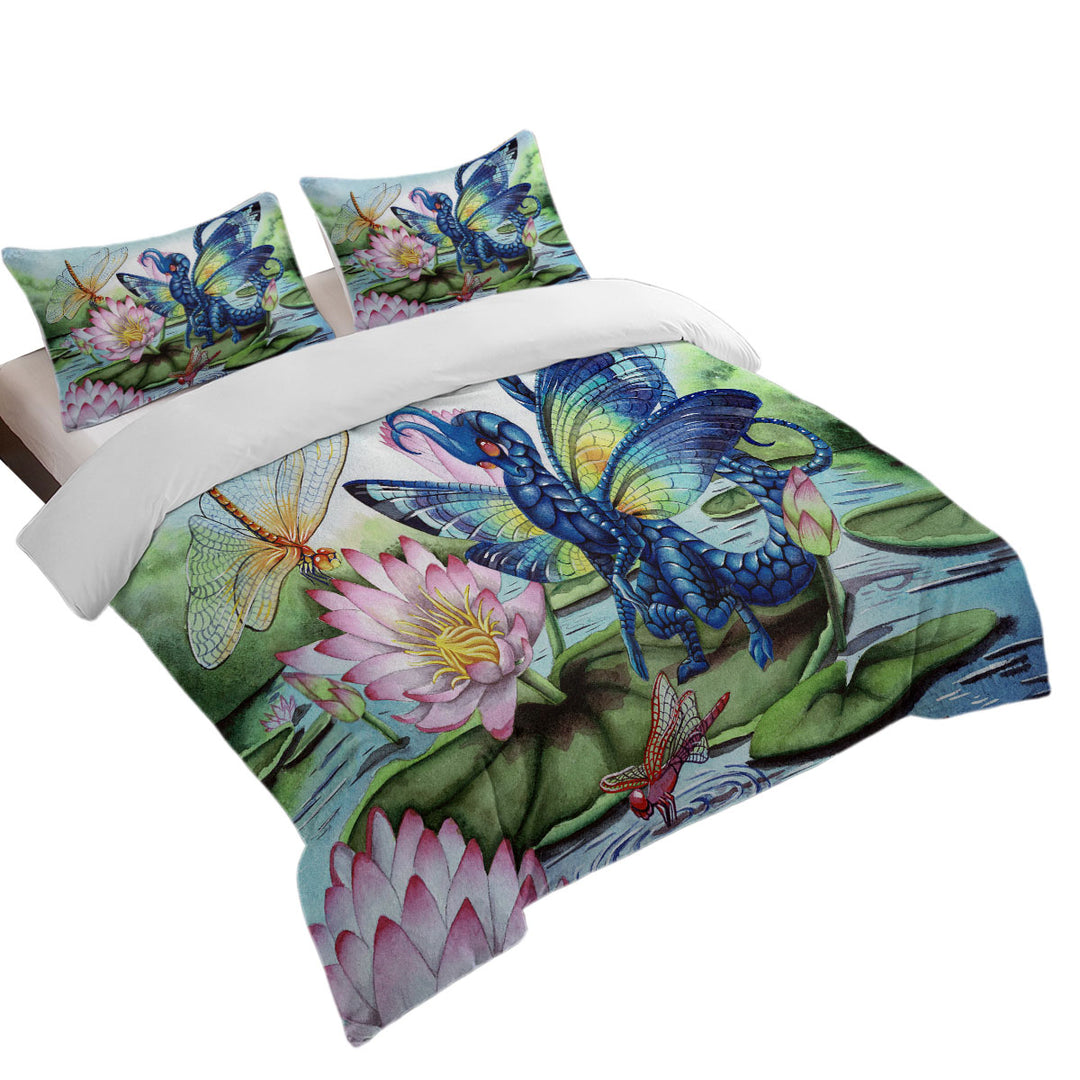 King Duvet Cover set with Giant Water Lilies Dragonflies and Dragon