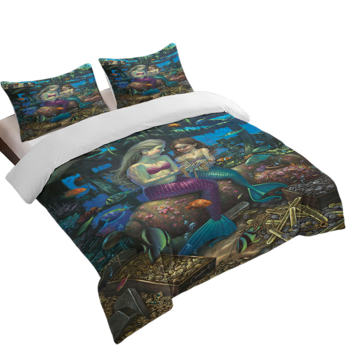 King Duvet Cover set with Gold Treasure Girls Mermaids Angel of the Deep